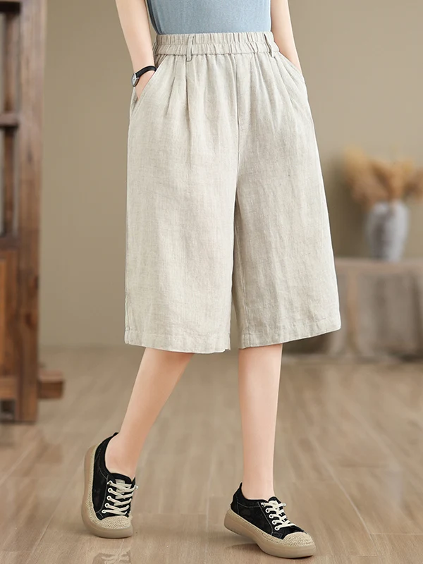 Effet minceur pur coton taille élastique ample décontracté orts Faionable cinq-quarts pantalon jambe large pantalon mi-long