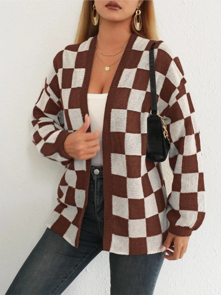 Vrouwen Mode Nieuwe Breien Vest Losse Trui Jas 2025, Herfst Winter Casual V-hals Plaid Print Patchwork Trui Bovenkleding