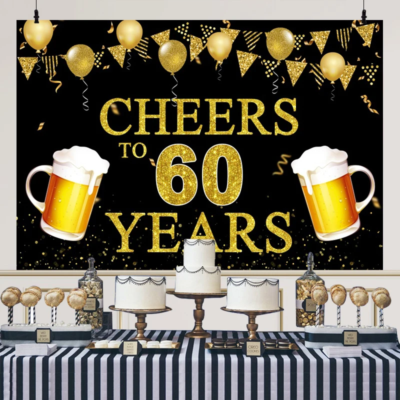 Cheers To 60 Years Birthday Decorations Banner Backdrop for Woman Men 60th Anniversary Party Black and Gold Photo Background