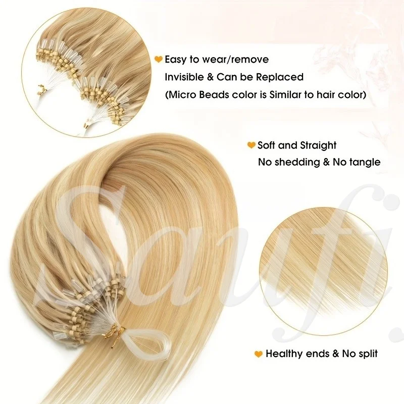 30g/pack Balayge Blonde Micro Beads Human Hair Extensions Women Micro Loop Ring Human Hair Extensions Straight Natural Blonde Brown Black Micro Loop Human Hair Extensions 50Strands/Pack