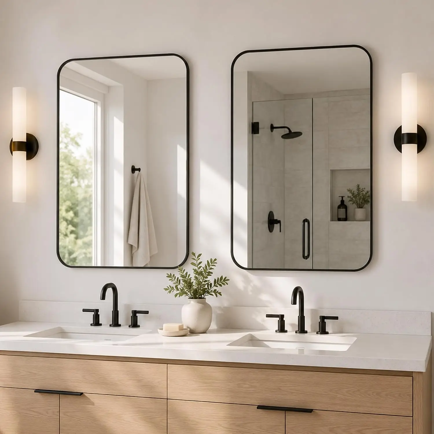 2-Pack 22x30 Inch Matte Black Rounded Rectangle Vanity Mirrors
