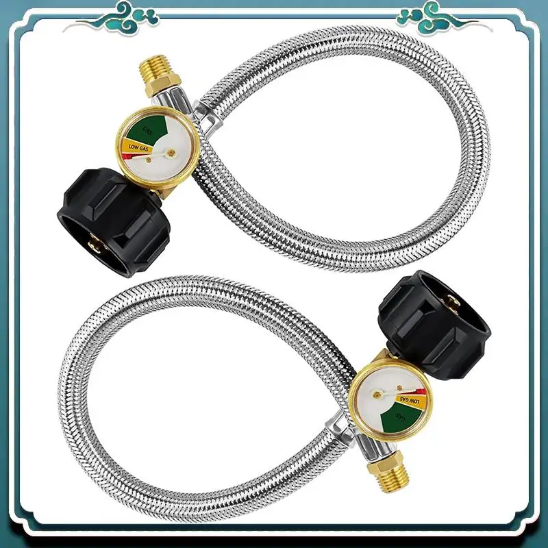 

A54K-2 Pack 15 Inch RV Propane Hose With Gauge For 5-40Lb Tanks - Stainless Braided Propane Hose Quick Connect