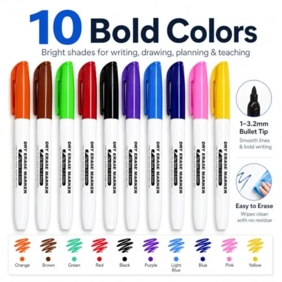 Dry Erase Markers 10 Pack, Smooth Writing and Ultra Clean Erase Whiteboard Markers with Fine Tip, Color-Coded Erasable Markers