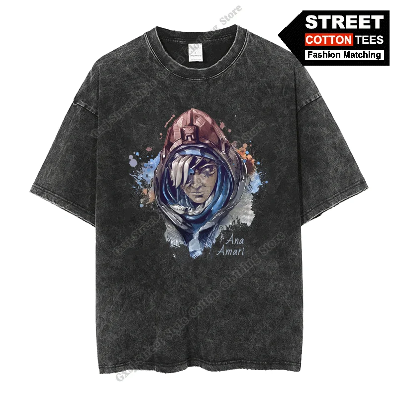 Overwatch Ana Amari Graffiti Style Print T Shirt Cotton Washed Vintage Oversized T-shirts y2k Street Casual Unisex Loose Tees