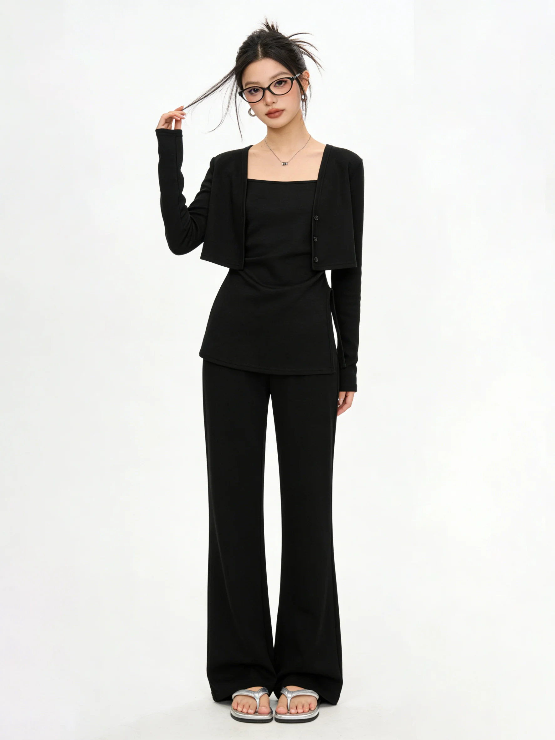 

Slimming Knitted Tank Top And Micro Flared Pants Korean Style Fashion Set High Waist Design Early Spring Casual Outfit