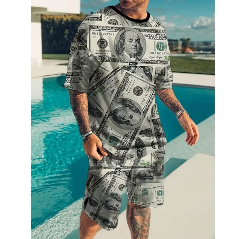 Men's Novelty Dollar 3D Printed Summer Suit Men's Short Sleeve T-Shirt Fashion Shorts Suit Conjunto Deportivo Hombre Original
