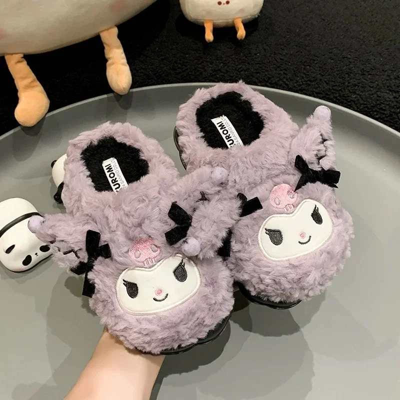 Sanrio Kulomi Cartoon Cute Warm Home Women's Shoes Melody Fresh Splicing Lace Plush Thick Bottom Non-slip Cotton Slippers