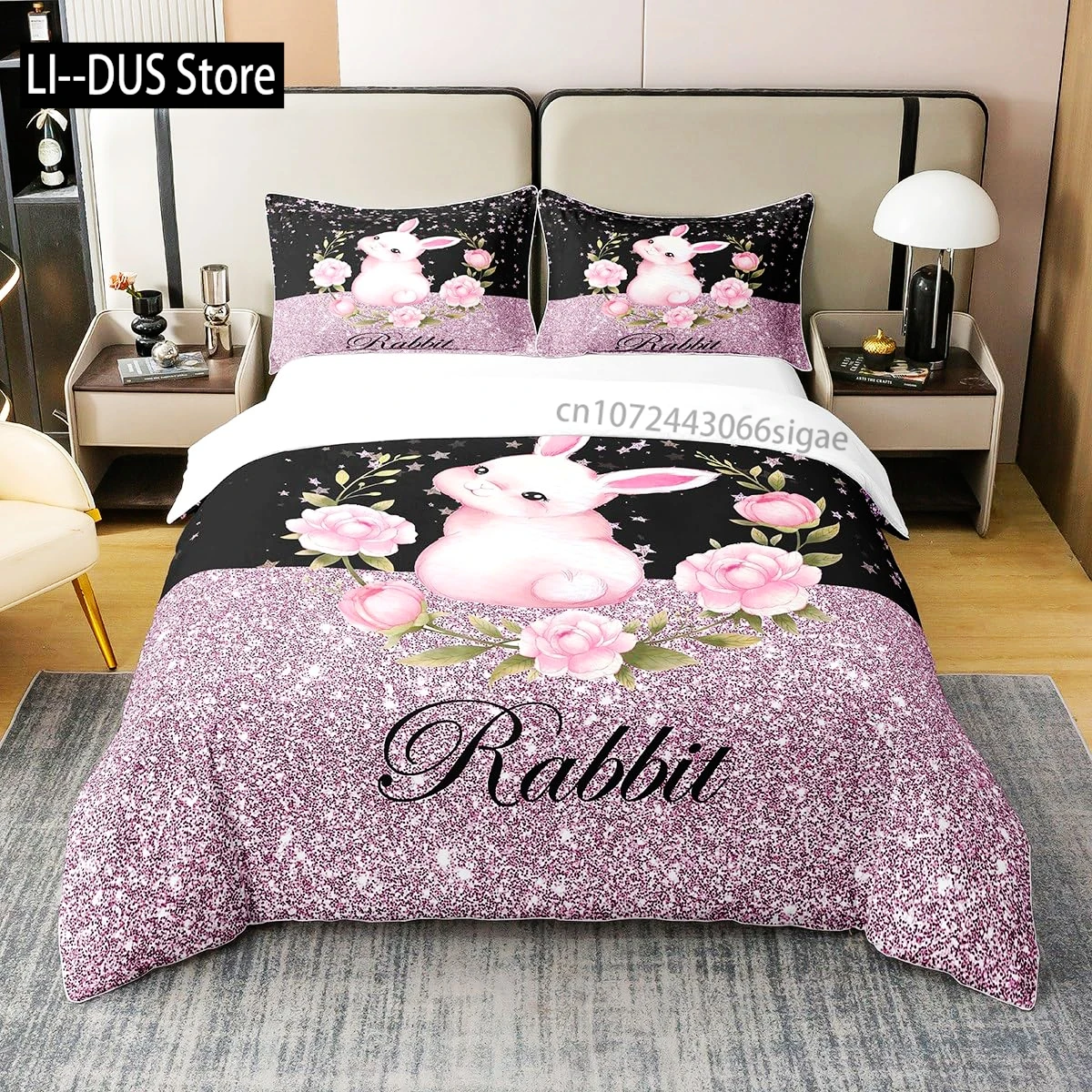 

Rabbit Comforter Cover Full,Pink Floral Bedding Sets Girls Women Cute Bunny Duvet Cover Bedroom Decor 3Pcs with 2 Pillow Case