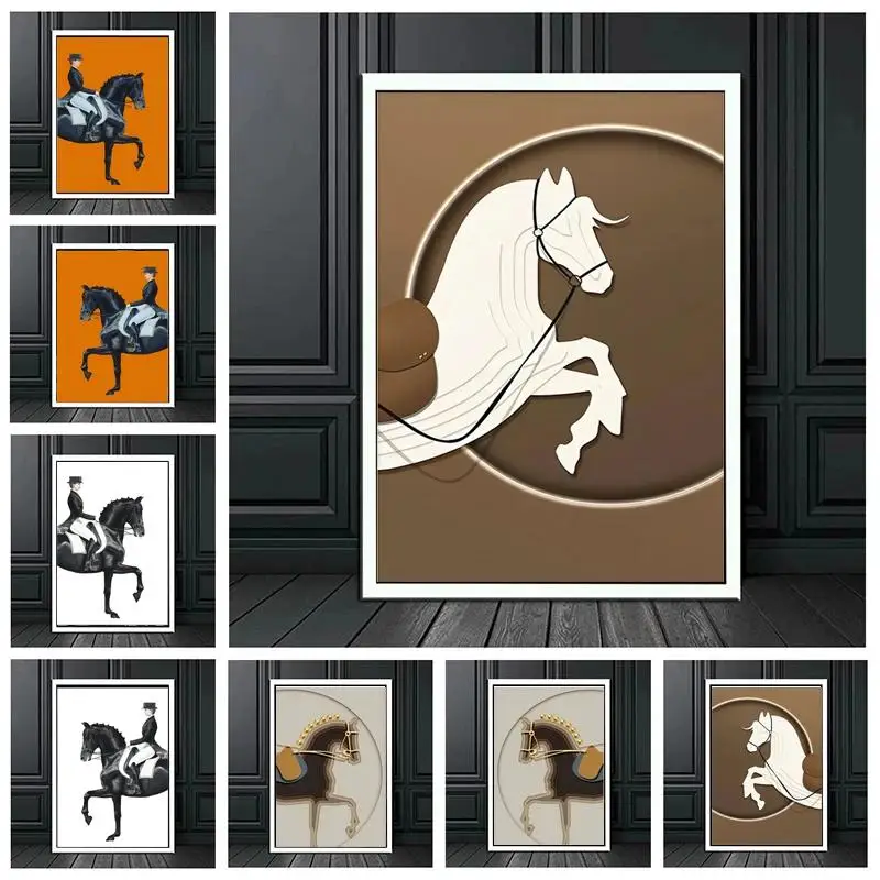 Classic Modern Black and Orange Horse Racing Canvas Painting Wall Art  Woman Riding Horse Pictures for Living Room Home Decor