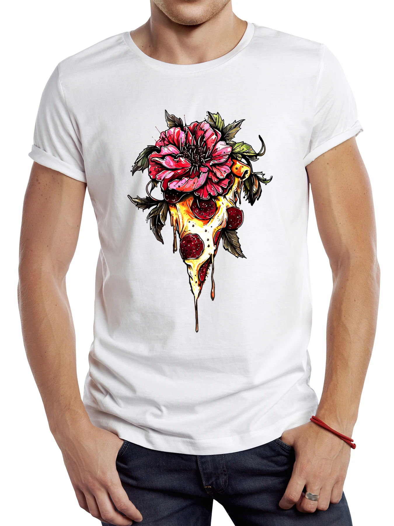 

FPACE Vintage Pizza Flower Men T Shirt Graphic Streetwear Short Sleeve Sport Tops Retro Punk Style T-shirt
