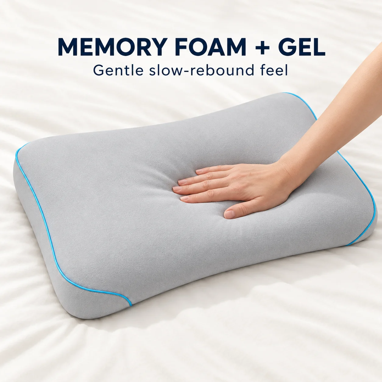 Cooling Gel Memory Foam Pillow, Contoured Low Profile Bed Pillow with Cool-Touch Cover for Sleeping, Gray, 60 x 40 x 8 cm