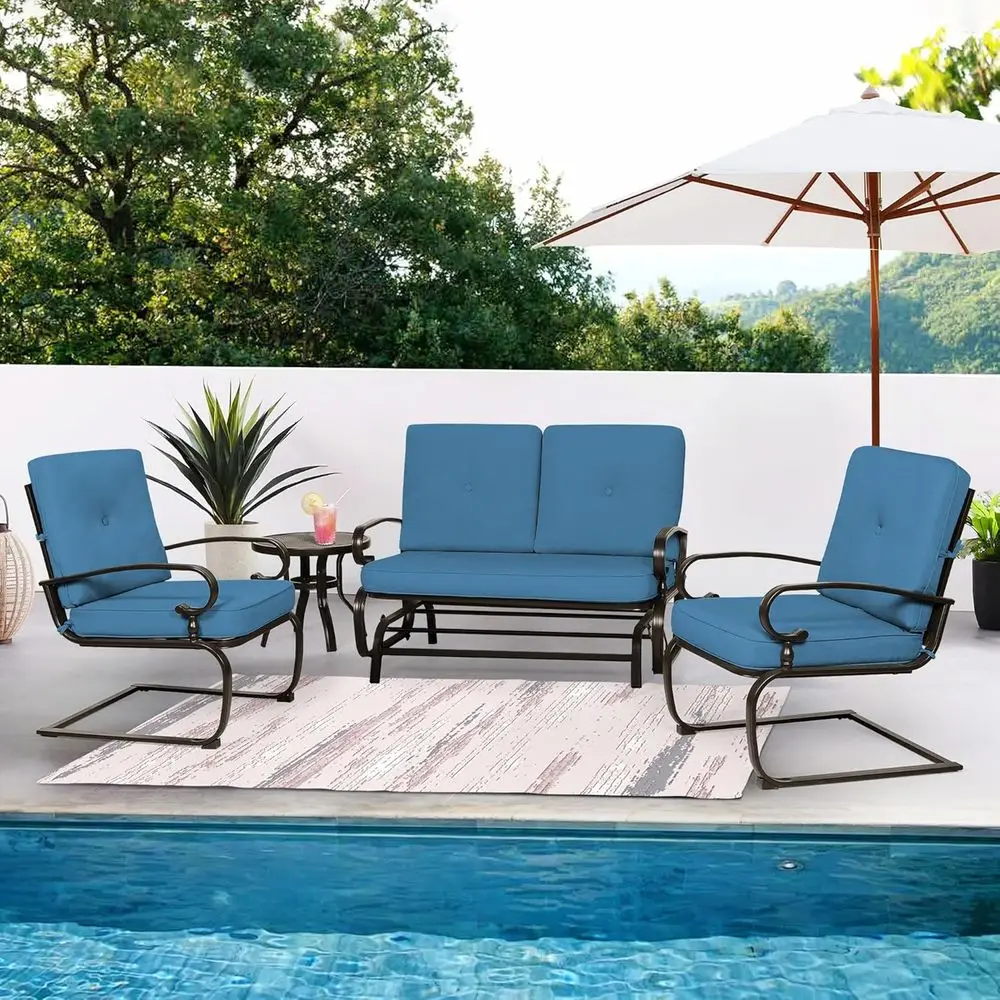 

Peacock Blue Wrought Iron Outdoor Furniture Set: 4-Piece with Glider, Bistro Table, 2 Spring Lounge Chairs