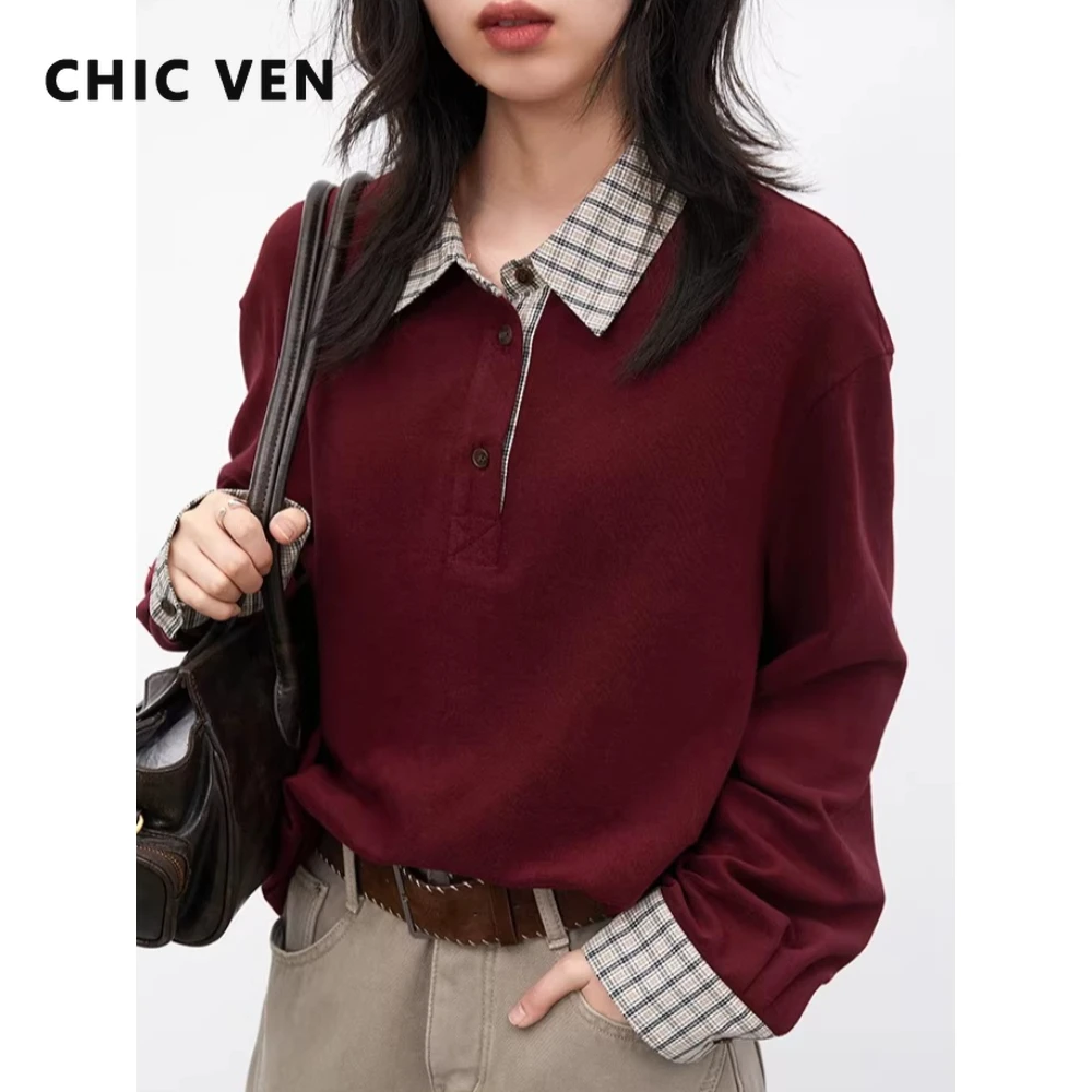 

CHIC VEN Корейские женские футболки свободного кроя, повседневные, новые, с клетчатыми вставками, с длинным рукавом, красные, женский топ, весна-осень 2026, одежда