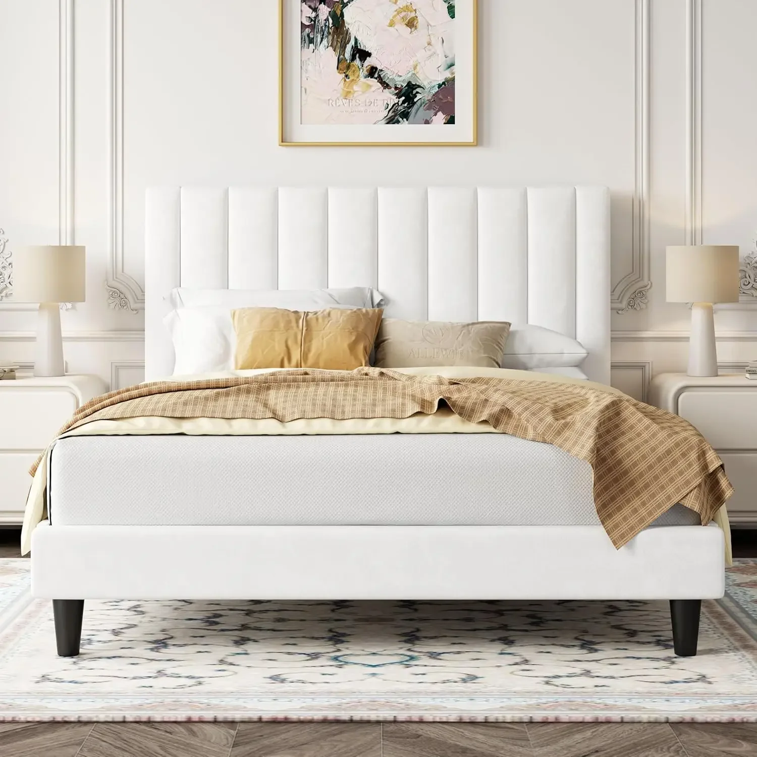 Full Bed Frame/Velvet Upholstered Bed Frame with Vertical Channel Tufted Headboard/Strong Wooden Slats/Platform Bed