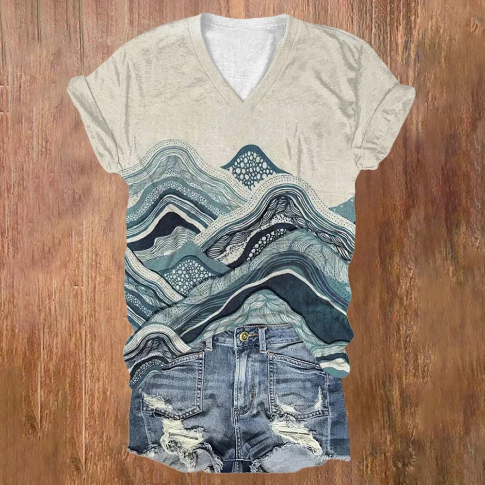 Summer Ukiyo-e Natural Scenery 3D Print T-shirt Women Streetwear Casual T Shirts Y2k Tops Woman V-Neck Tees Oversized Clothing