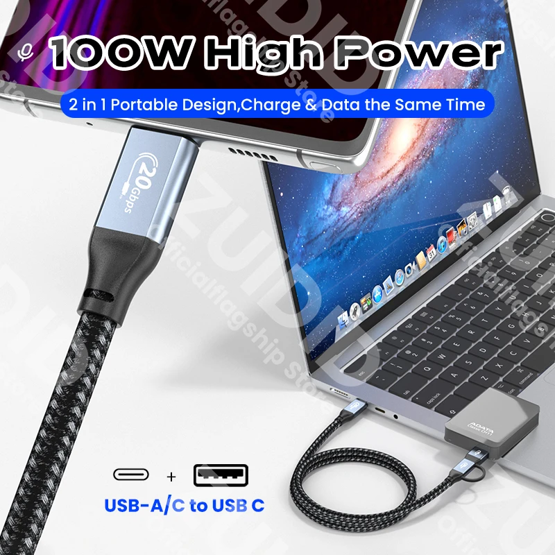 2 in 1 USB3.2 10/20Gbps USB C/A to Type-C ThunderBolt 3 Data Cable 4K@60Hz PD100W Fast Charger for MacBook Pro Samsung Xiaomi