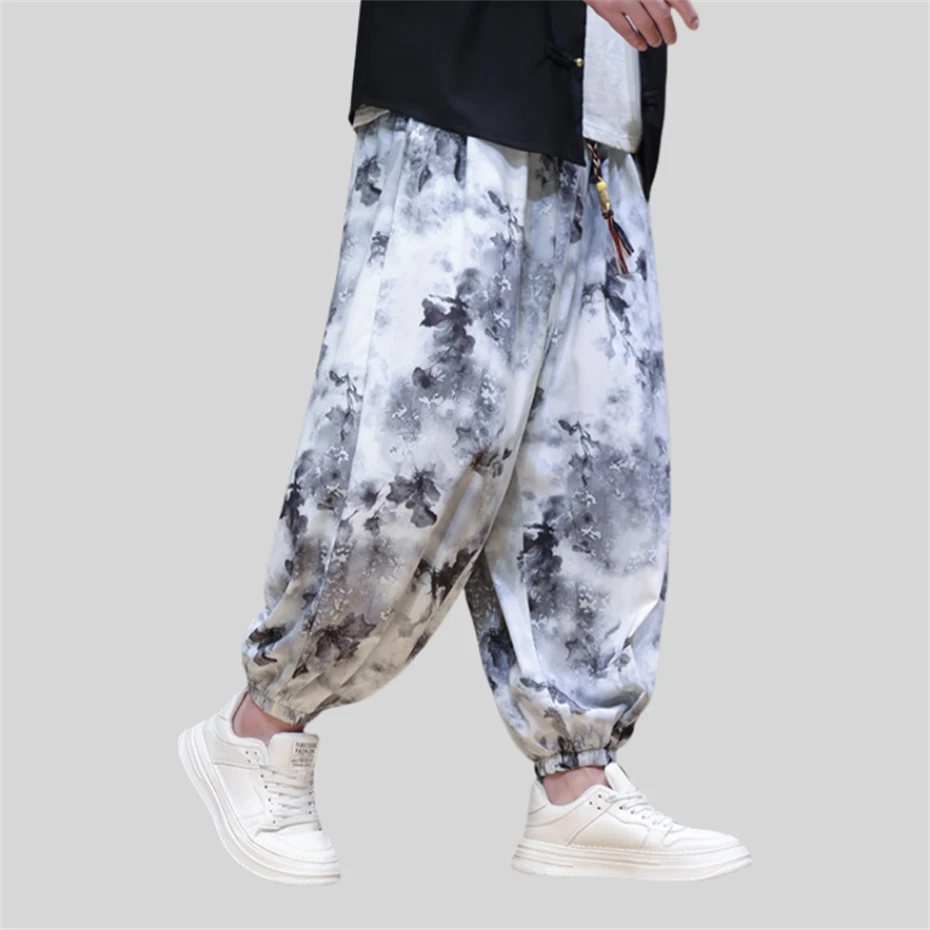 Large Size Ice Silk Pants Men Loose Casual Harem Pant Men Ankle Length Pants Floral Print Pant Summer Bottom Men Clothing 5XL