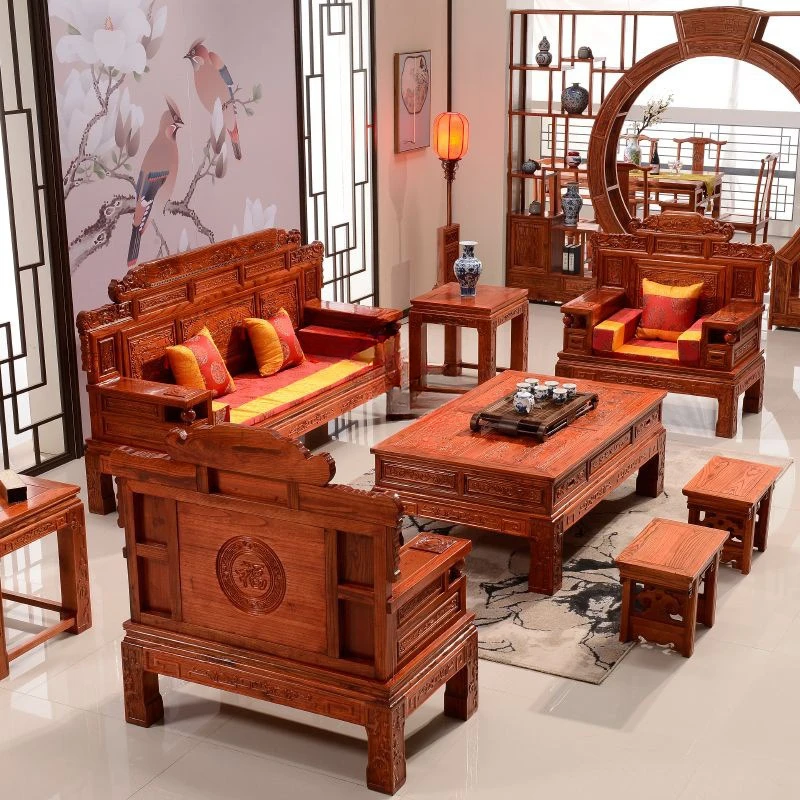 S @ Chinese style solid wood sofa combination, pineapple, old elm wood hotel antique mahogany furniture, living room, wealth