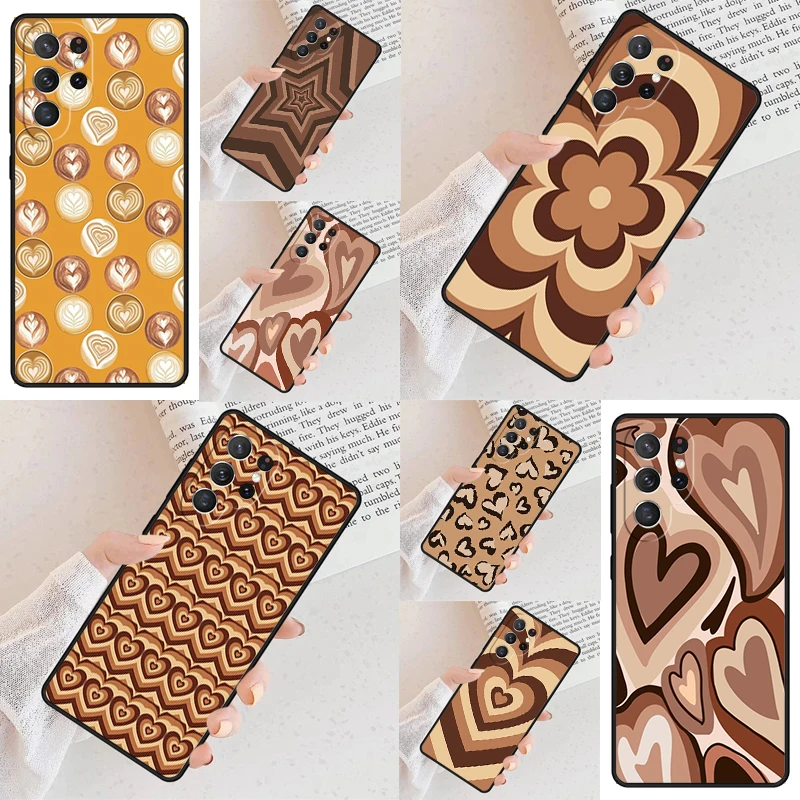 Latte Love Brown Heart Aesthetic Phone Case For Samsung Galaxy S24 S23 S22 S21 Ultra S10 Note 10 Pro S20 Plus FE S9 S8 Cover