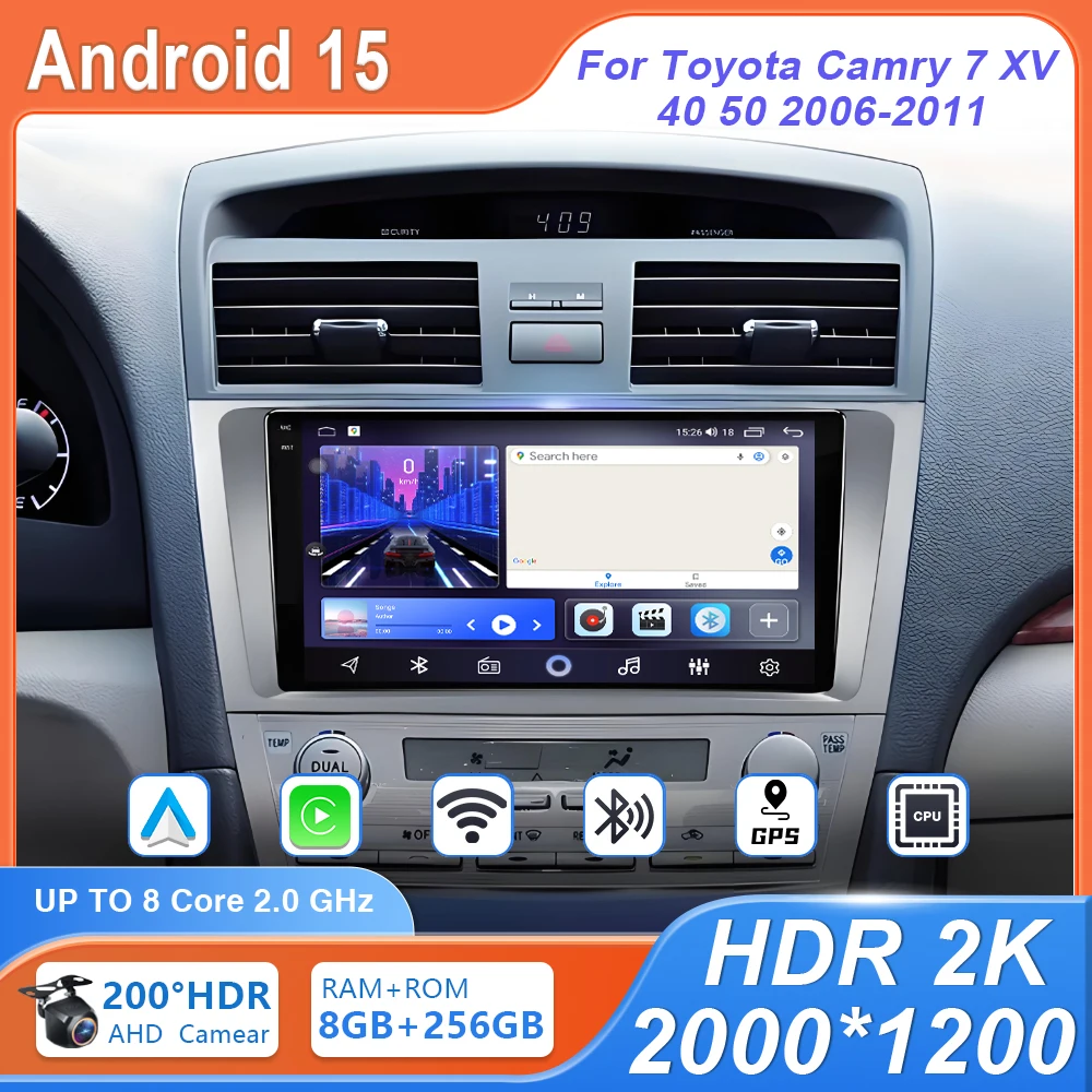 

For Toyota Camry 7 XV 40 50 2006-2011 Android 15 Car Radio Stereo GPS Navigation QLED 2000*1200 Screen Multimedia Video Player