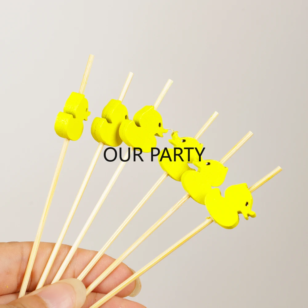 100Pcs Cartoon Summer Yellow Duck Disposable Bamboo Food Picks Dessert Fruit Forks for Kids Birthday Baby Shower Party Decor - view 5