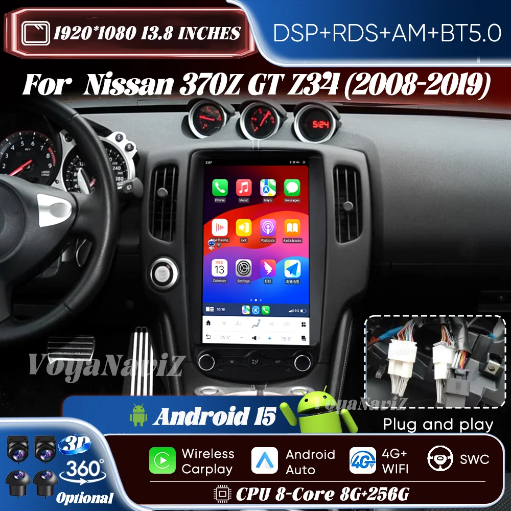 13,8-дюймовая автомагнитола Android 15 для Nissan 370Z GT Z34 2008-2019 с интеллектуальными системами, Carplay, HD сенсорным экраном, GPS, BT, 4G, WIFI, FM-стерео