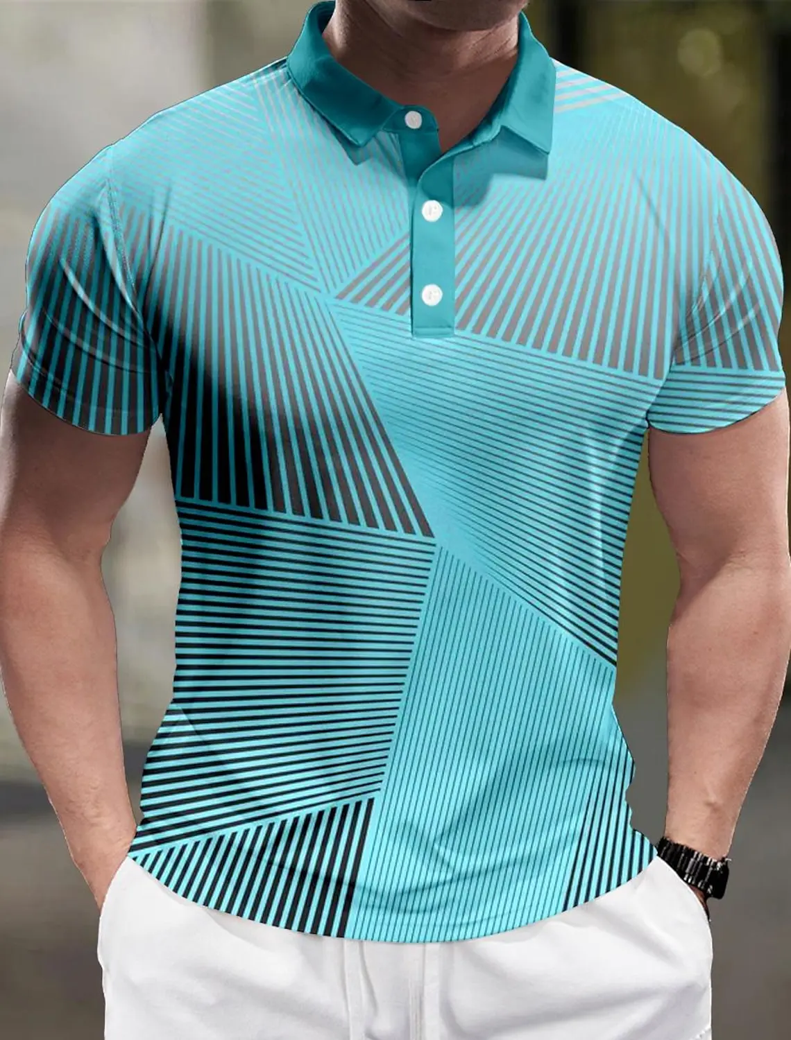 Striped Men\'s Business Casual 3D Polo Shirt Street Polyester Short Sleeve Turndown Polo Shirts Micro-elastic Lapel Polo Summer