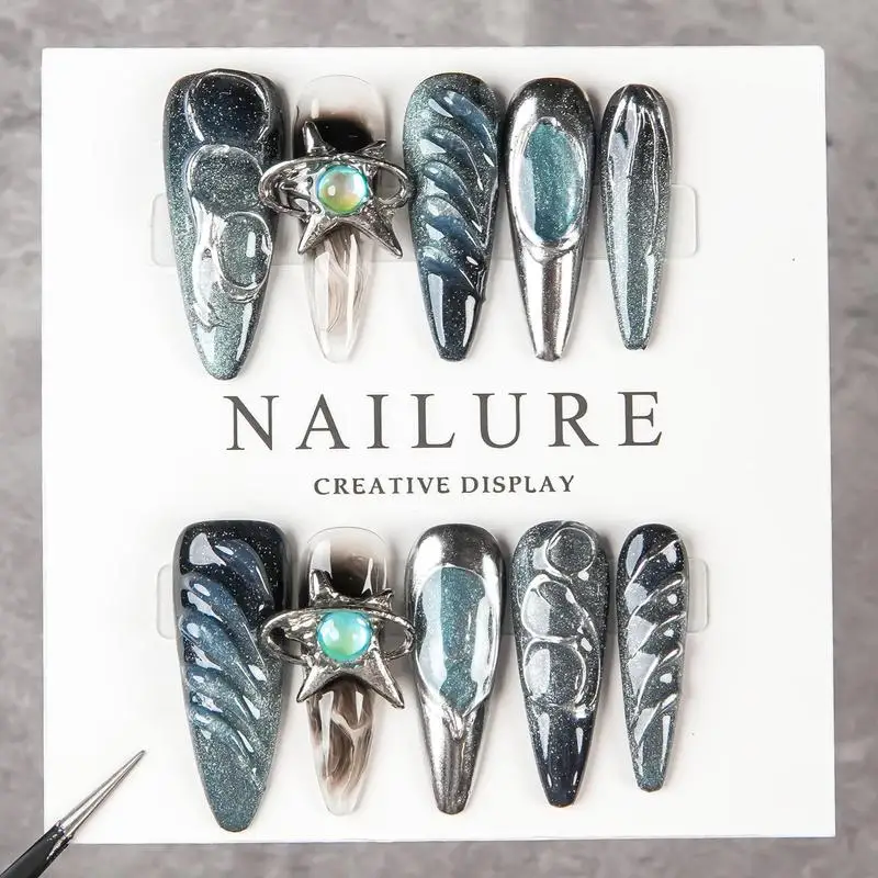 Handmade Long Stiletto Press On Nails Dark Teal Cat Eye 3D Planet Star Charms Fake Nails Metallic Wave Galaxy Gothic Reusable Fa