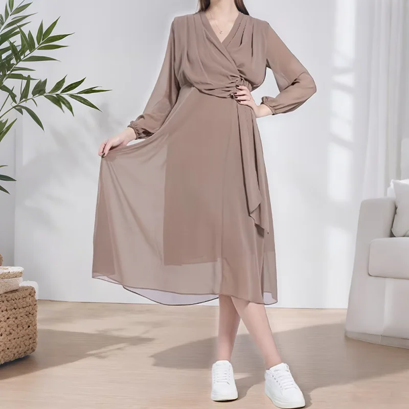 Vestidos de Gasa Fluidos con Cintura Ajustable para Mujer, Vestido Largo con Escote en V y Mangas Largas para Invitadas de Boda, Vestido Plisado en Línea A