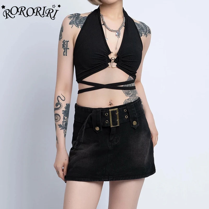 RORORIRI Sexy Off-shoulder V-neck Halter Top Women Solid Black Knit Bandage Backless Sleeveless Sling Vest Grayu Summer Clothes