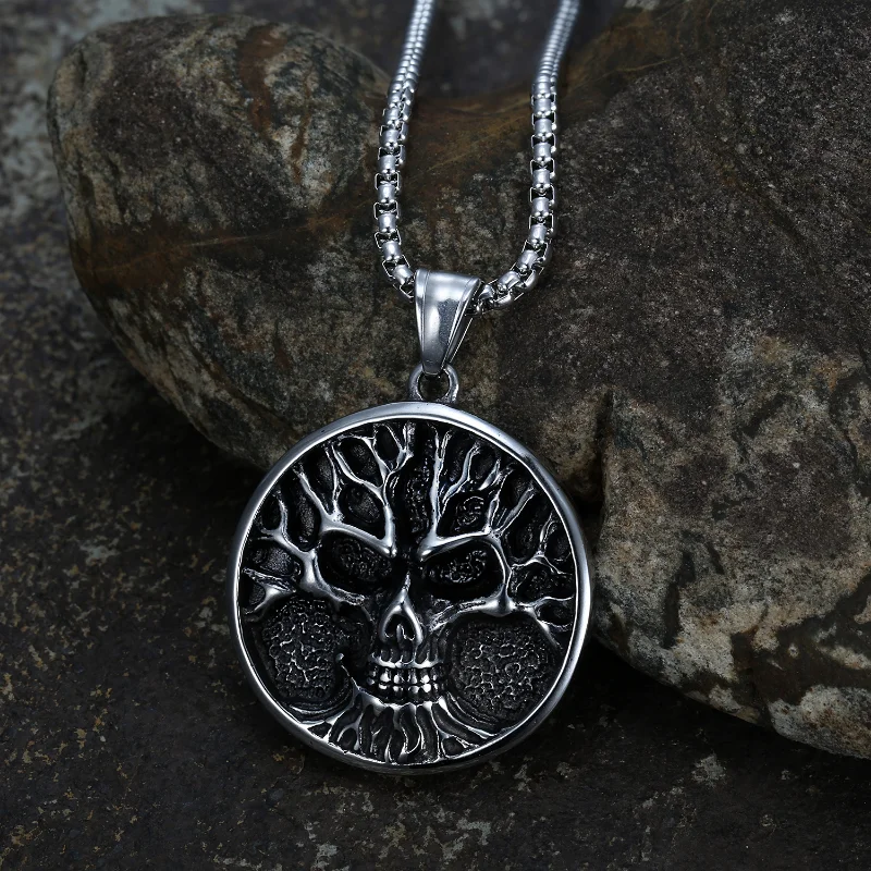 Men's Retro Punk Gothic Jewelry Stainless Steel Tree of Life Skull Dark Domineering Rock&Roll Party Biker Pendant Necklace