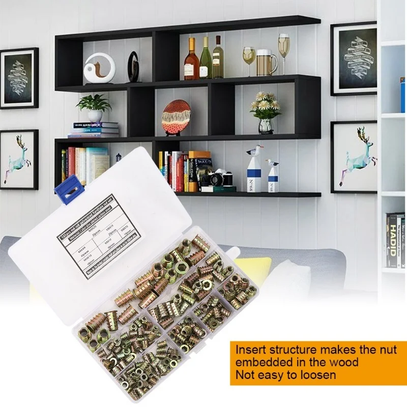 165 قطعة خيط سداسي إدراج الجوز الأثاث الخشبي المجلفن الجوز مجموعة اللون مطلي الكربون الصلب