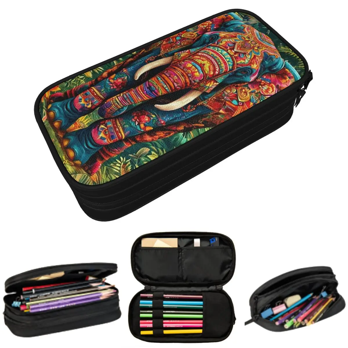 

National Style Elephant And Henna Art Pencil Case for Students School Pen Box Pencil Bag Stationery Supplies Pen Holder Bag