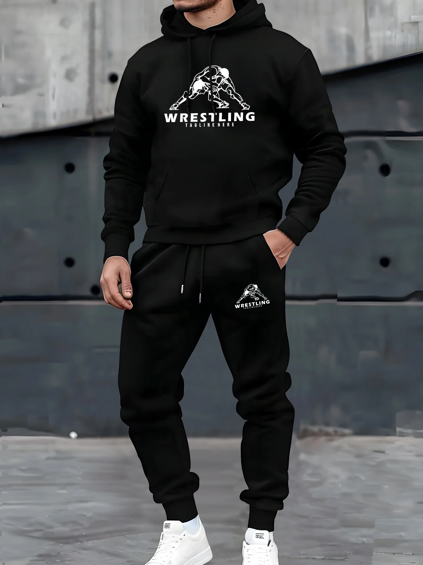 Men's 2‑Pcs Hooded Sweatshirt Set Wrestling Pattern Long Sleeve Hoodie Casual Sportswear Sweatshirt And Pants For Autumn Winter view 4