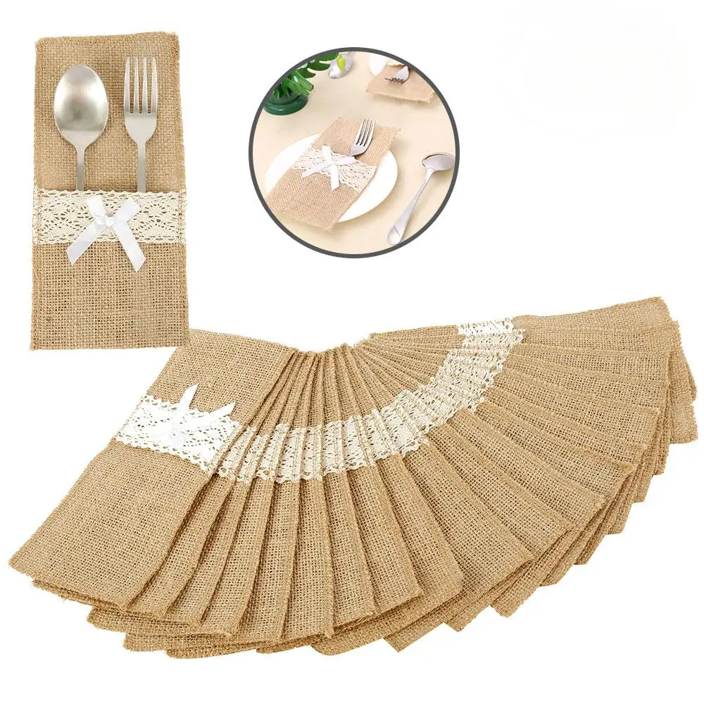 20/40/60Pcs Burlap Lace Cutlery Pouch, Rustic Tableware Holder Bag, Hessian Burlap Spoon Fork Cutter Organizer Table Decoration