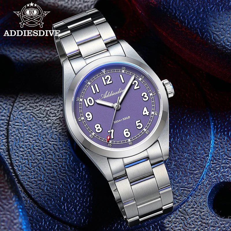 

ADDIESDIVE Purple Quartz Watch Simple Waterproof Stainless Steel Sapphire Crystal Watches Sports Luminous Mens Diving Wristwatch