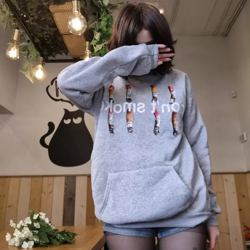 

Retro sweatshirt jacket Y2K gray hoodie men high street gothic fashion cigarette printed oversized sweatshirt hip hop men women