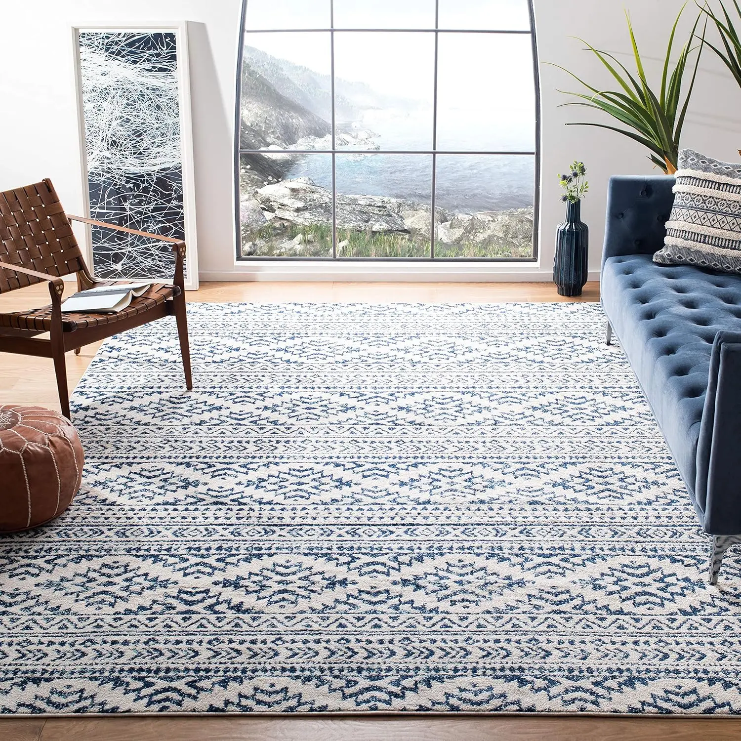 

Tulum Collection Area Rug - 9' x 12', Ivory & Navy, Moroccan Boho Tribal Design, Non-Shedding & Easy Care