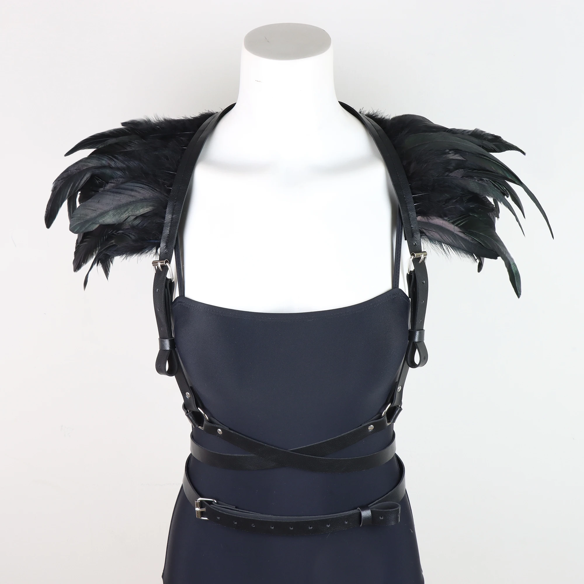 Punk Feather Shawl for Women Black Feather Collar Luxury PU Leather Harness Shoulder Wraps Gothic Clothes Cosplay Accessories