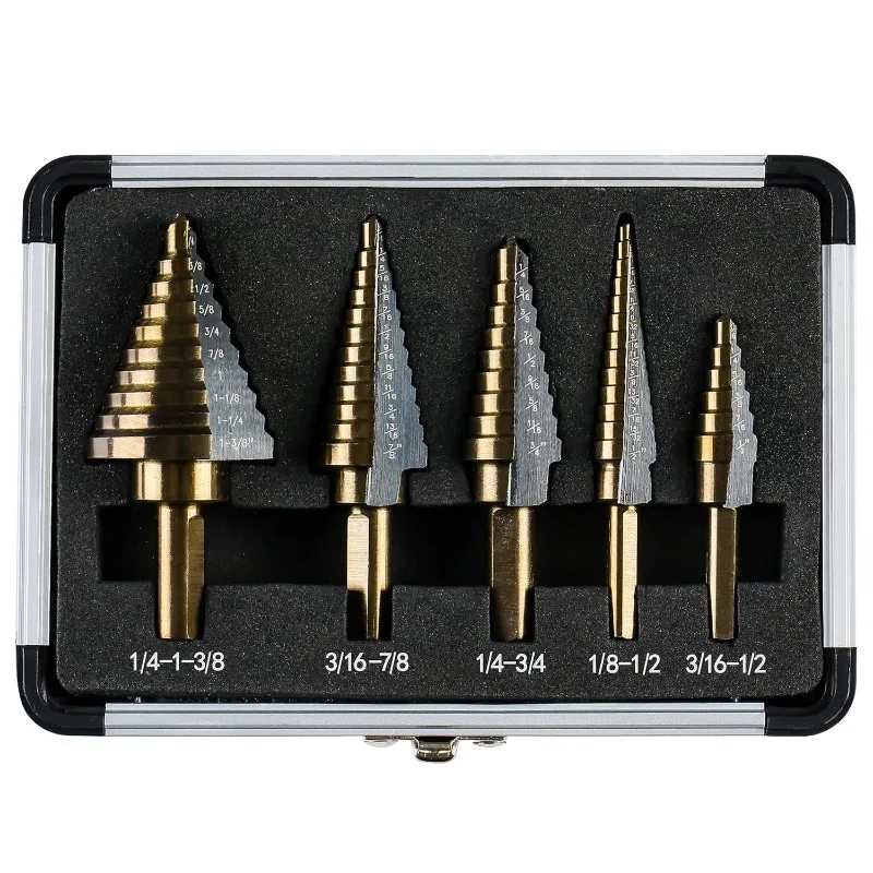 

Step Drill Bits, 5PCS HSS Titanium Step Drill Bit Set, 50 Sizes High Speed Steel Step Bits for Metal with Aluminum Case