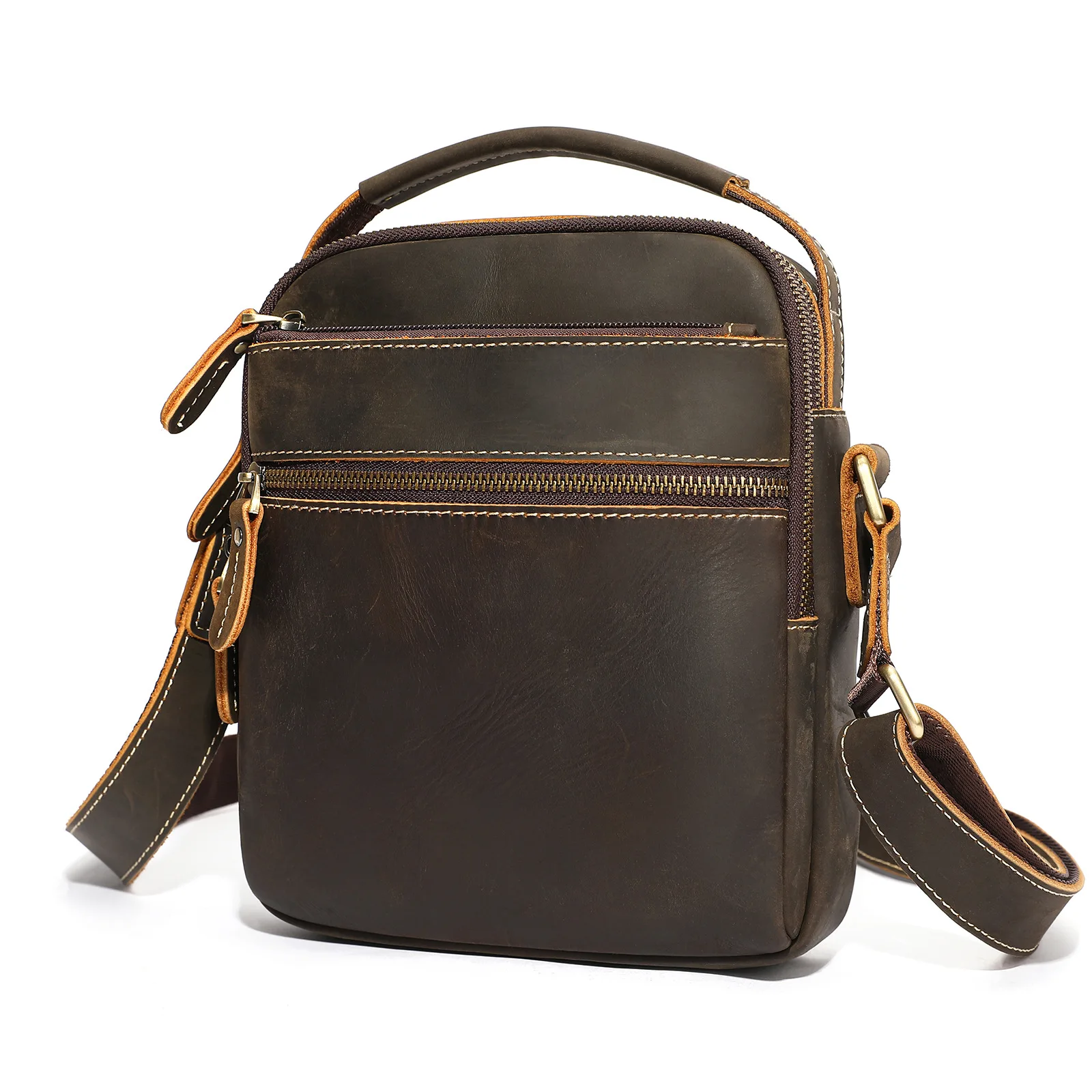 Retro Men Genuine Leather Crossbody Bag Multi Pocket Shoulder With Top Handle Adjustable Strap Casual Travel Messenger Handbag