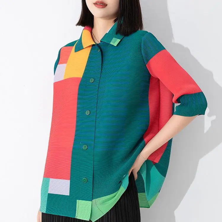 Miyake Casual Fashion Loose Plus Size Shirt Color Matching Printing Lapel Single-breasted Three-quarter-sleeve Cardigan Top