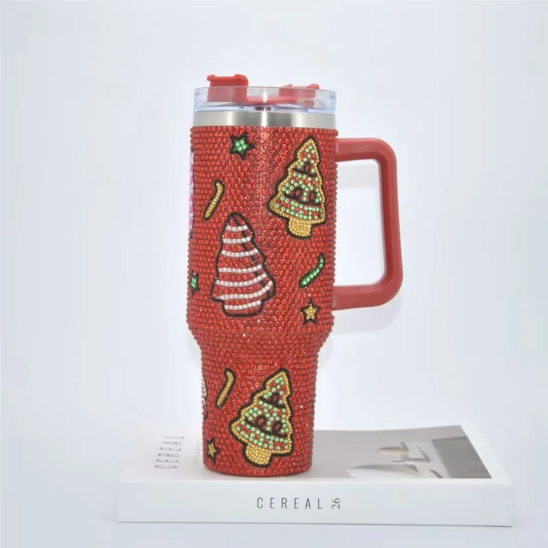 

Christmas Tumbler 40oz Diamond-Studded Vacuum Cup Large Capacity Insulated Thermos with Handle & Straw Stainless Steel Car Cup