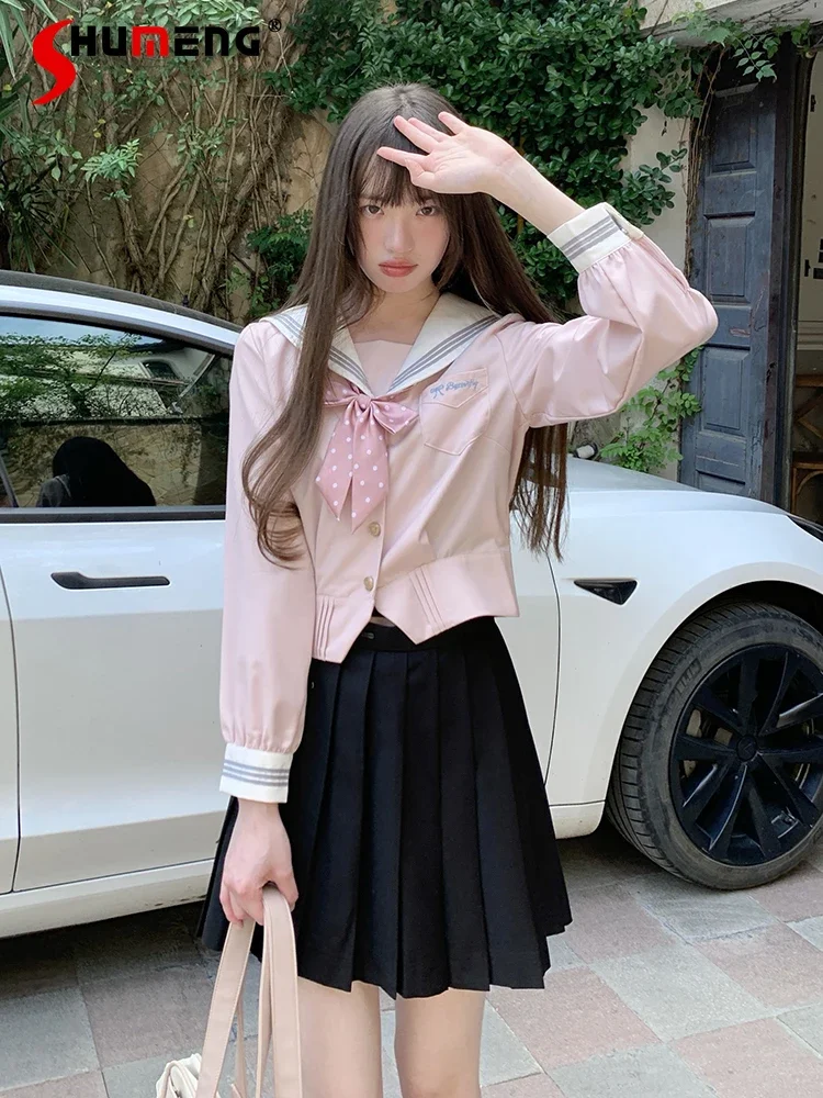 

Japanese Preppy Style JK Uniform Set Pink Sweet Sailor Collar Long Sleeve Top High Waist A-line Pleated Short Skirt Women Autumn