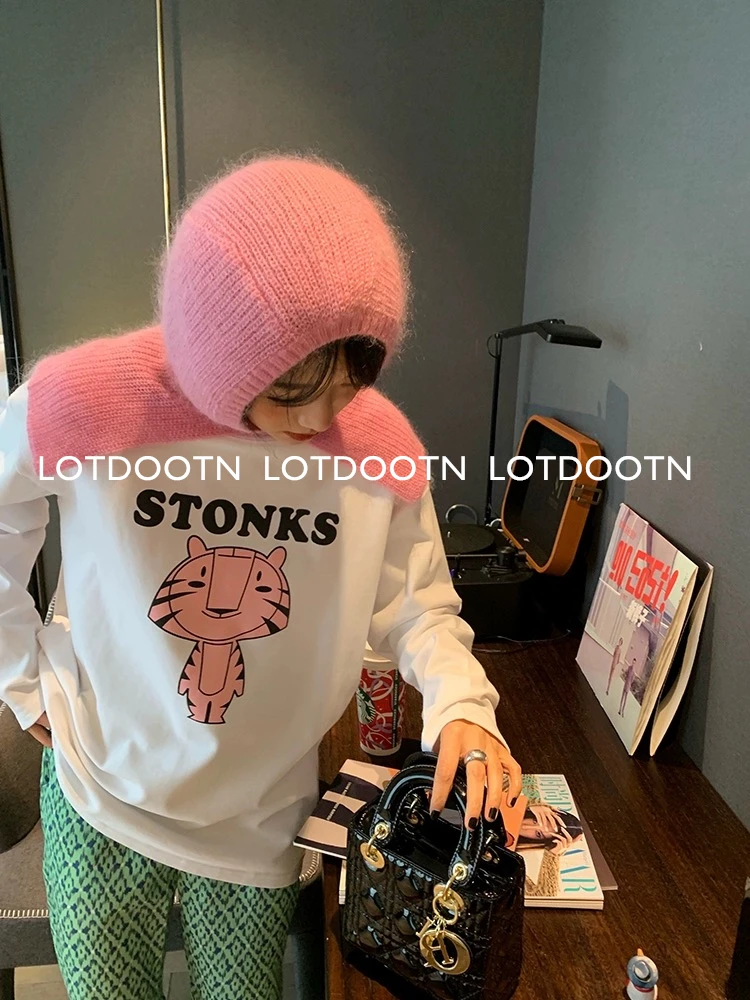 LOTDOOTN Spring Autumn Sweet Tops Long Sleeves Kitten Graphic T-Shirts Women Y2K 100% Cotton Loose Vintage All-match T Shirts