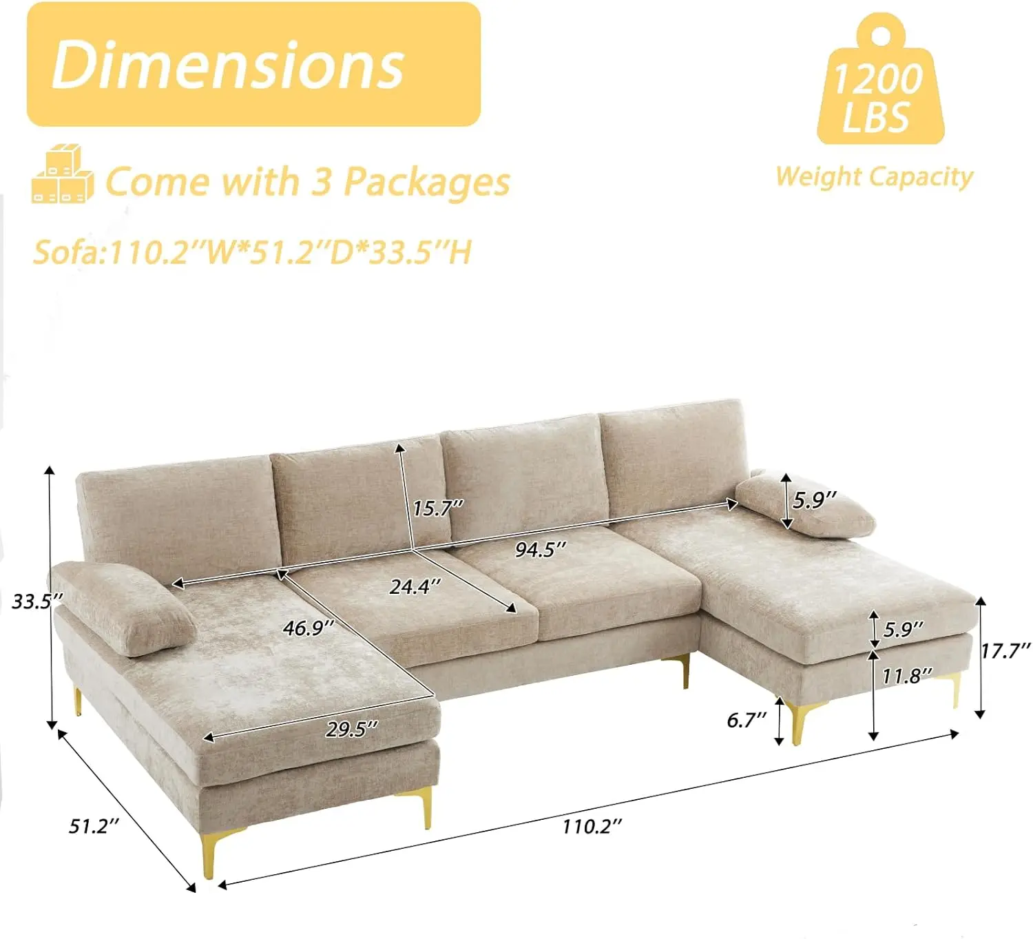 Convertible 110 inch U-shaped 4-seater sofa with recliner and soft cushion, suitable for living rooms, apartments, and offices