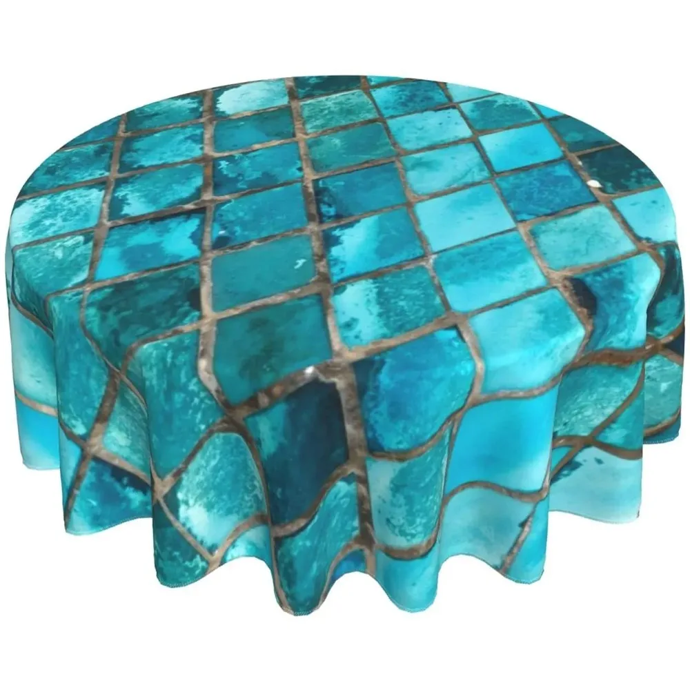 Turquoise Blue Print Tablecloth 60 Inches Waterproof Washable Round Table Cloth Cover for Party Banquet Home Dinner Decor
