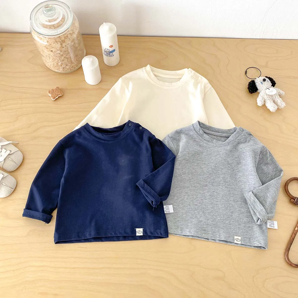 Newborn Toddler Solid Gray Basic Long Sleeve Top Soft Cotton Shoulder Snap Crew Neck Infant Daily Casual Home Wear