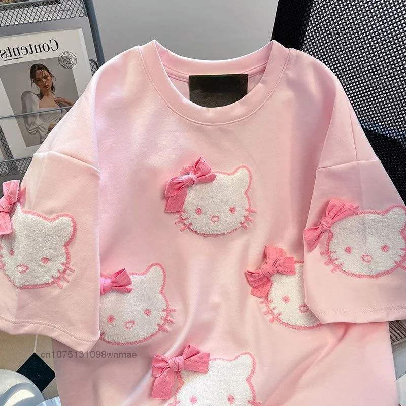 Tiktok Flocked Pink Hello Kitty Short Sleeve T-shirts for Women Sanrio Summer Sweet Girl Loose Design Top Ins Style Clothing