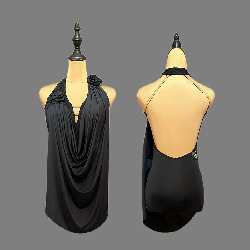 Pakaian Latihan Tari Ballroom Wanita Atasan Tari Hitam Halter Kostum Tango Standar Pakaian Tari Latin Dewasa VBH2101